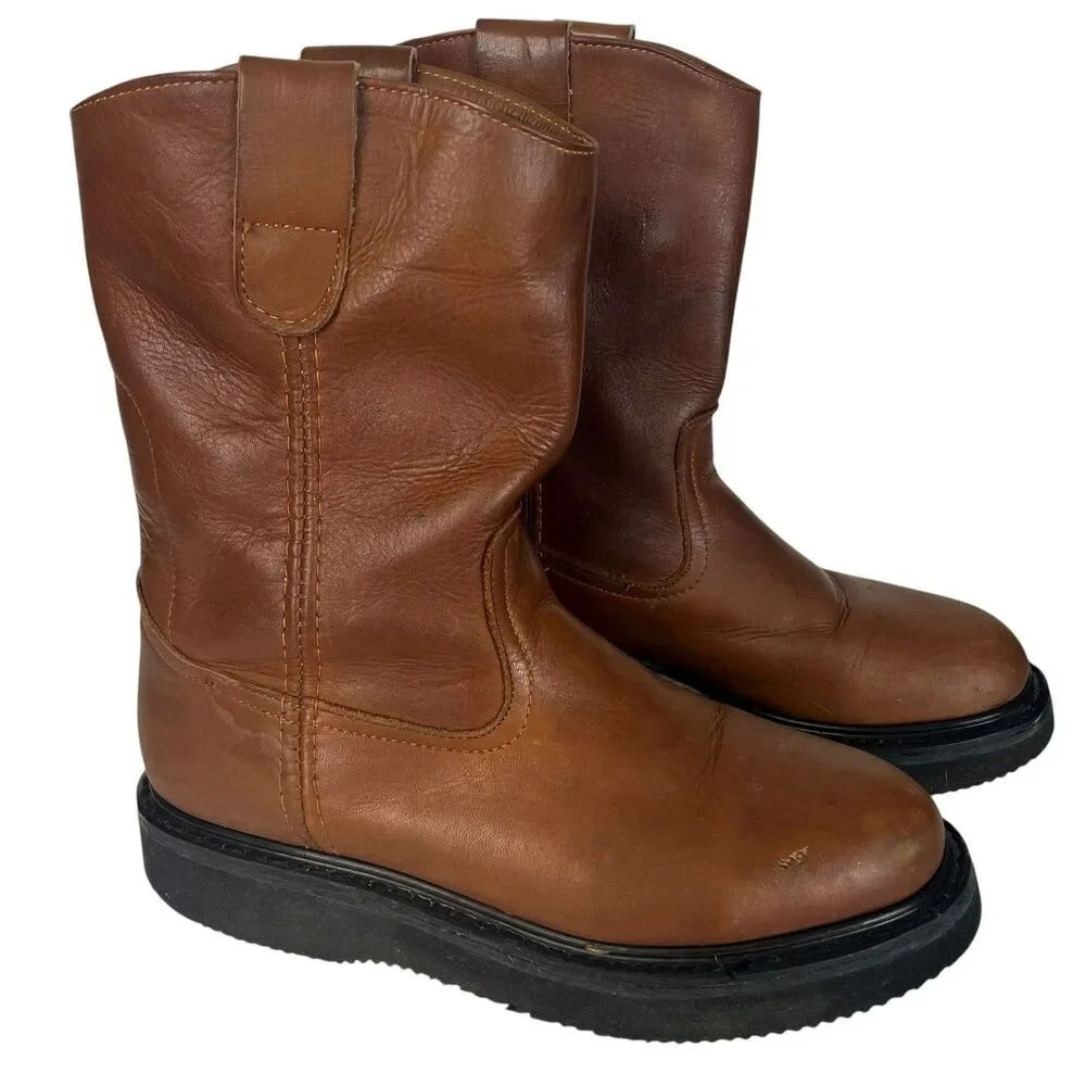 Mens Brown Leather Pull On Work Boots Thick Sole Western Style Size 7.5